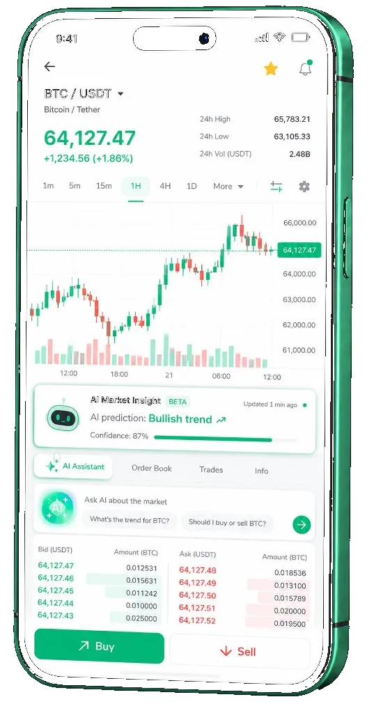Steel Rendvane trading platform on mobile — live BTC/USDT chart, order book, and buy/sell interface